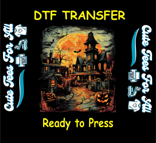ready to press dtf transfer with haunted village, full moon, gothic houses, and jack-o-lanterns

