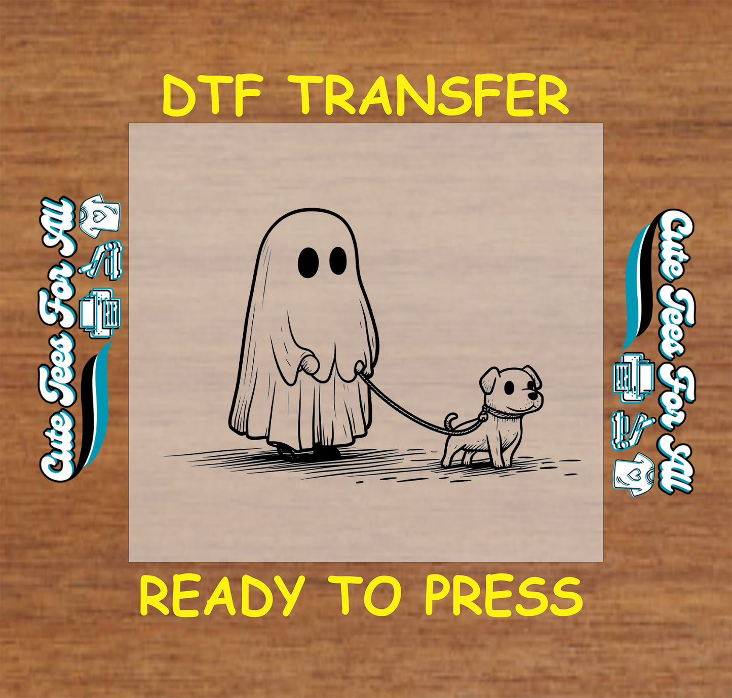 ready to press dtf transfer with ghost walking a dog in minimalist sketch style

