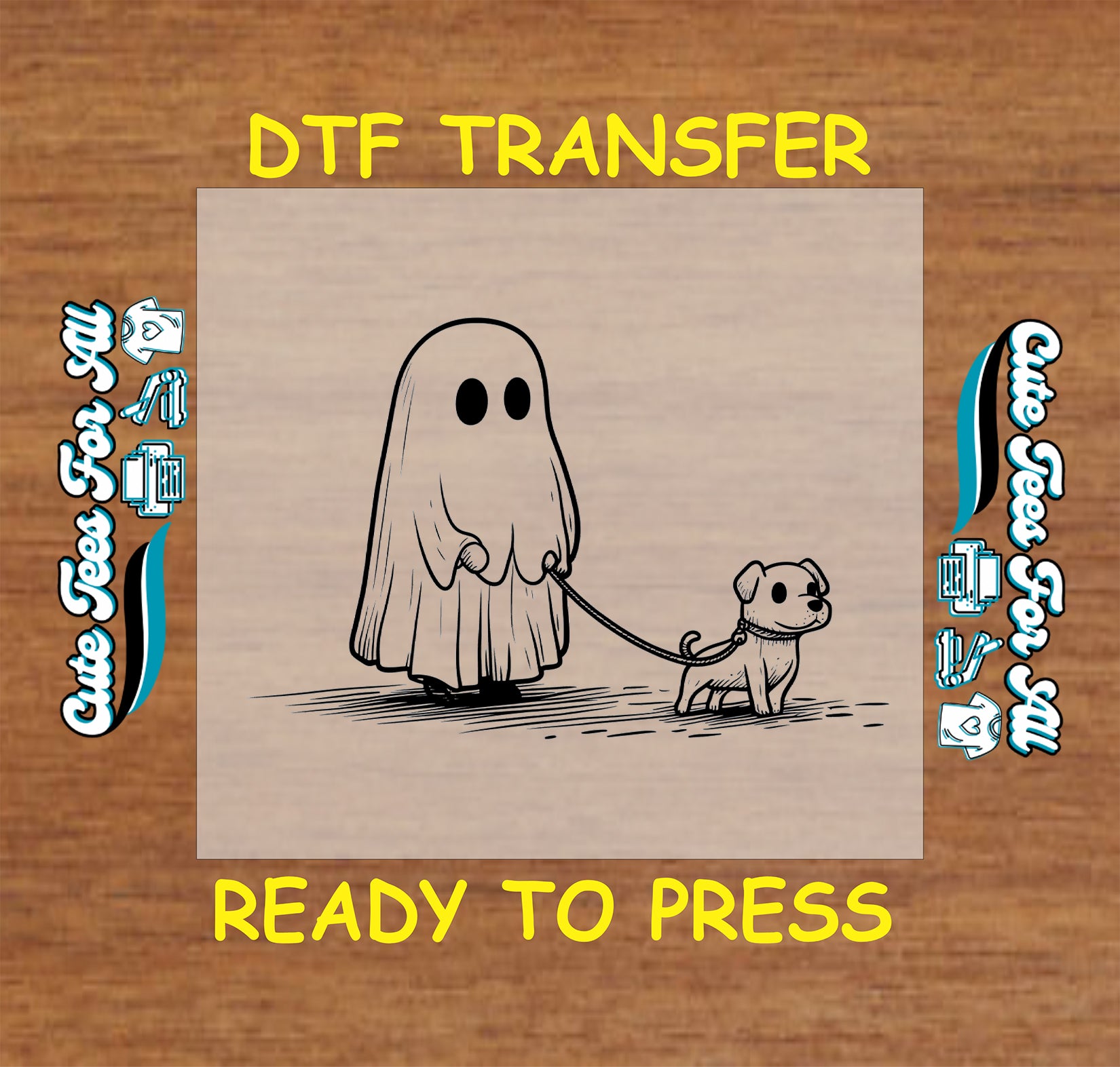 ready to press dtf transfer with ghost walking a dog in minimalist sketch style


