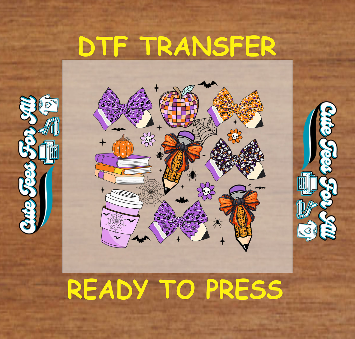 ready to press dtf transfer with halloween bows on pencils, coffee, books, spiderwebs, and fall accents


