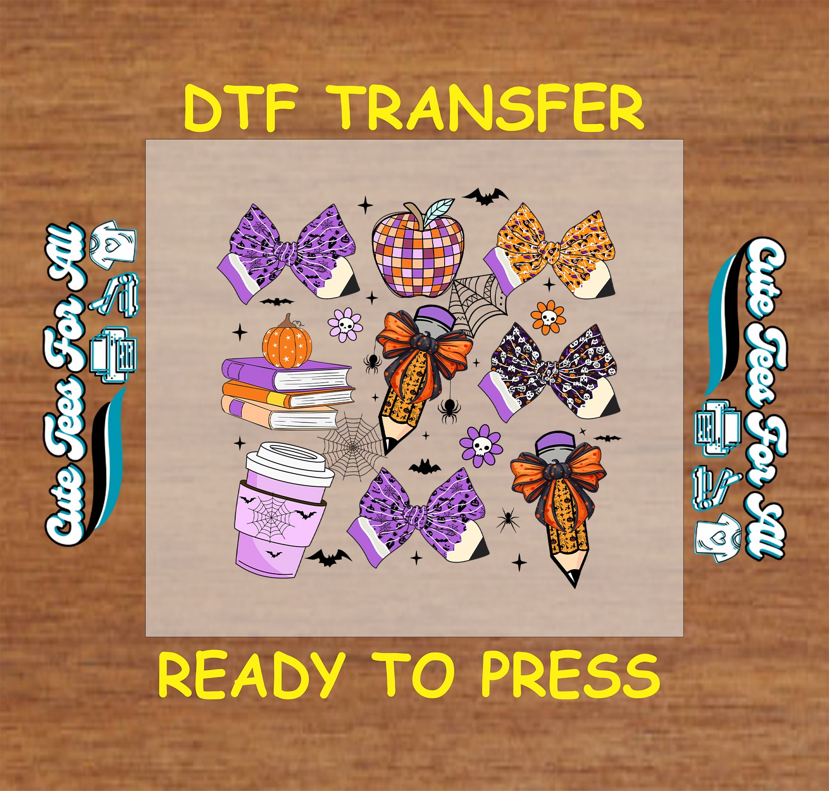 ready to press dtf transfer with halloween bows on pencils, coffee, books, spiderwebs, and fall accents

