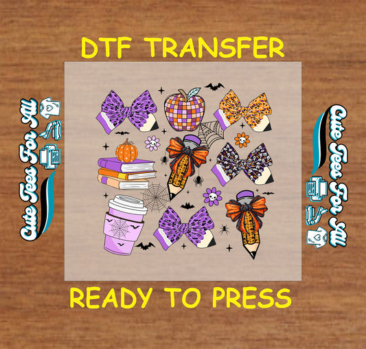 ready to press dtf transfer with halloween bows on pencils, coffee, books, spiderwebs, and fall accents

