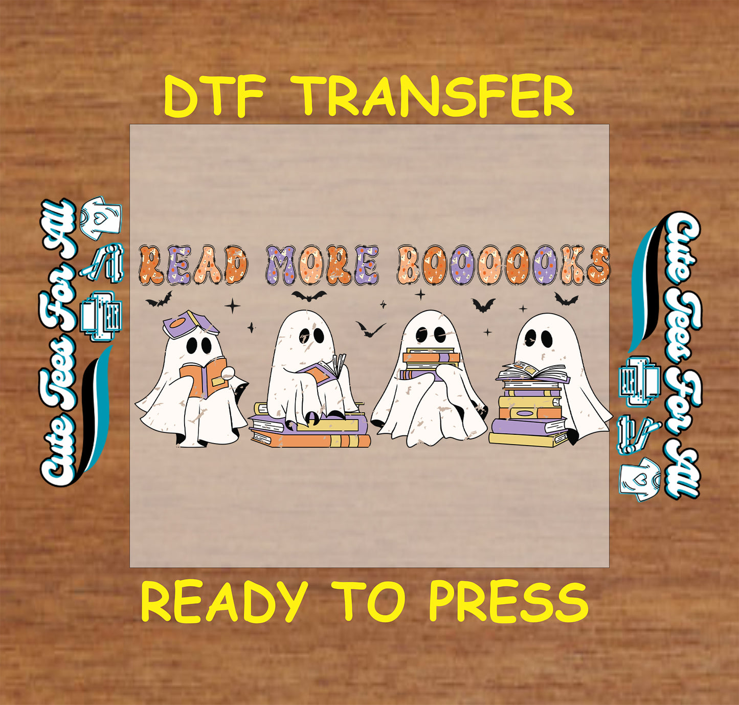 ready to press dtf transfer with reading ghosts and books under read more boooooks halloween text

