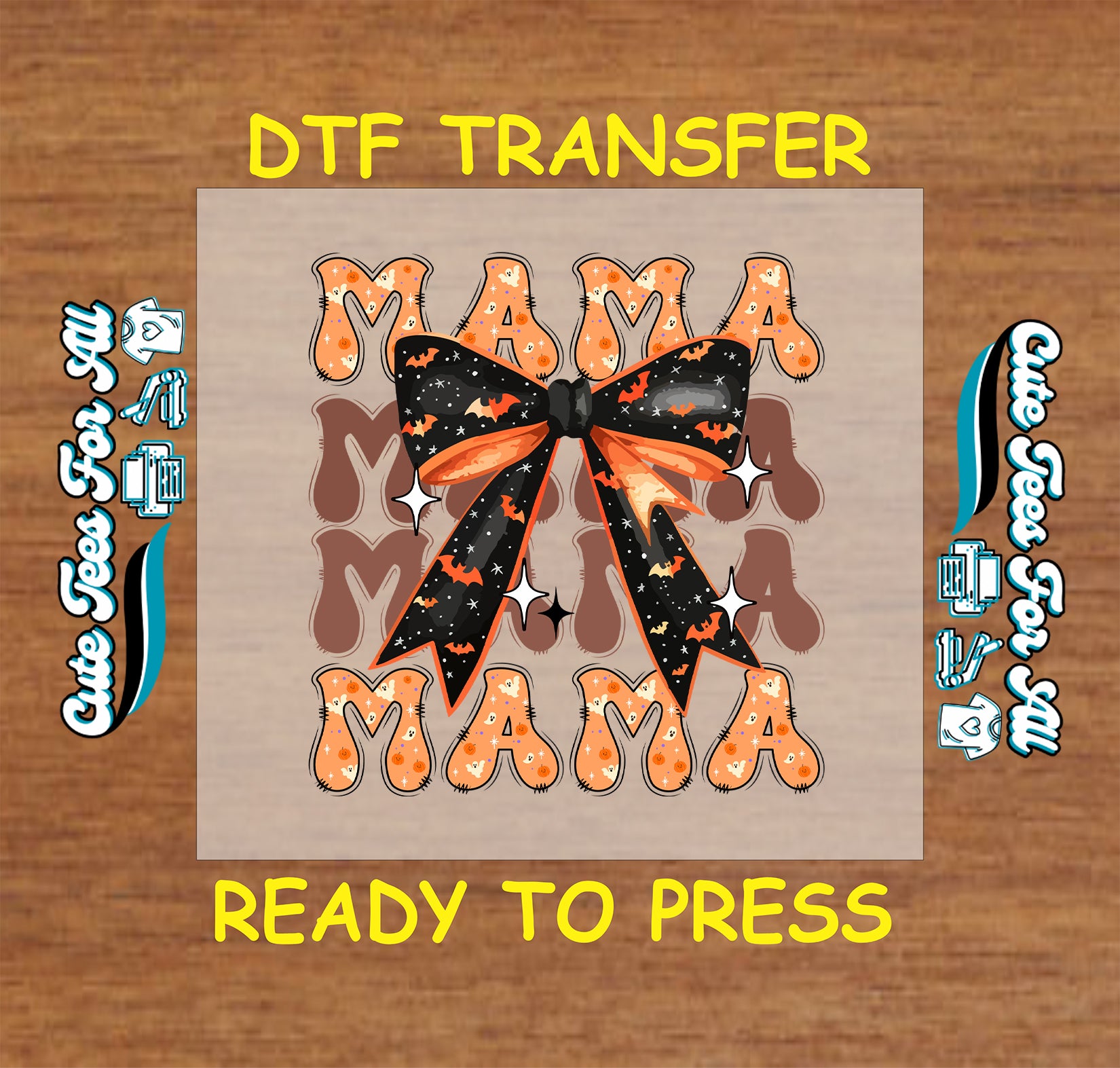 ready to press dtf transfer with stacked mama text and halloween bow with stars and bats

