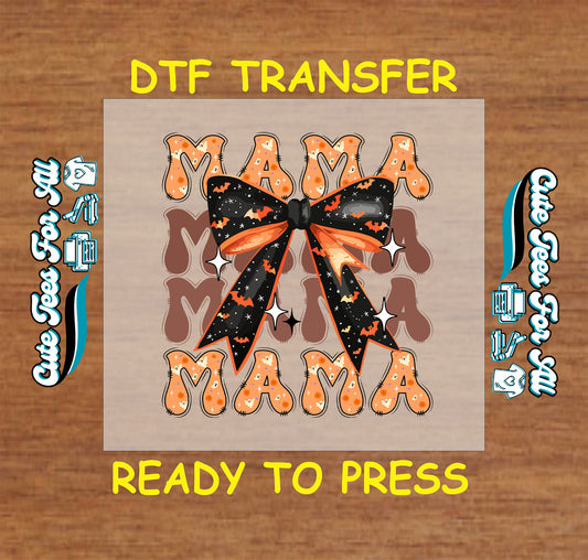 ready to press dtf transfer with stacked mama text and halloween bow with stars and bats

