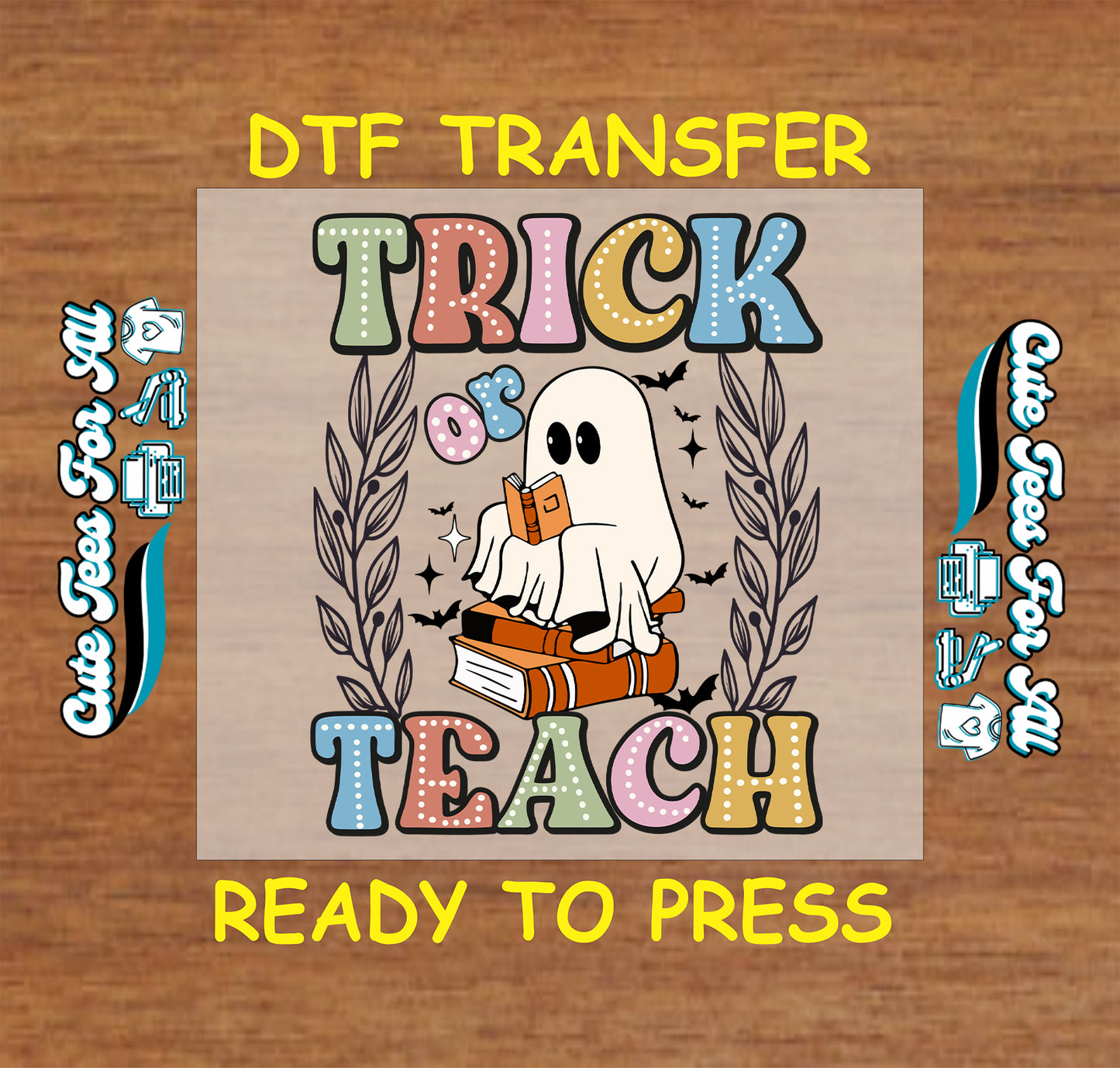 ready to press dtf transfer halloween ghost sitting on books trick or teach text

