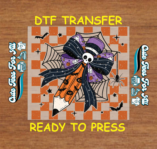 ready to press dtf transfer skull bow pencil on orange checkered background


