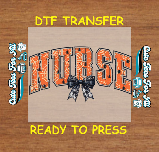 ready to press dtf transfer nurse letters with spiderweb and black lace bow

