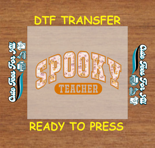 ready to press dtf transfer spooky teacher varsity letters with pastel ghost print

