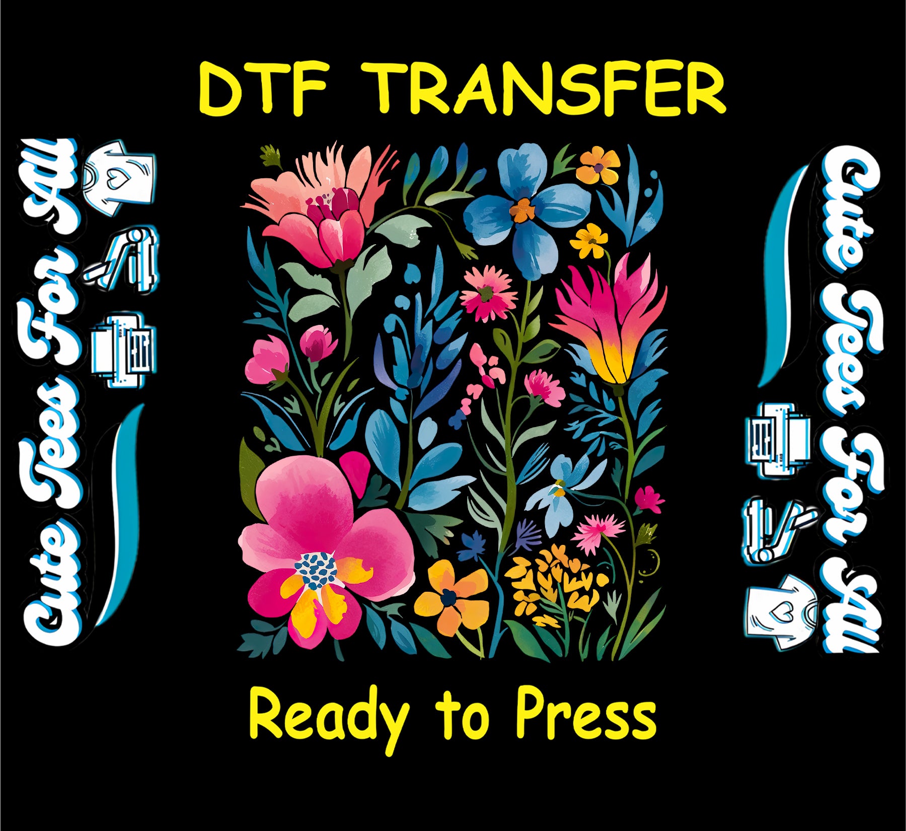 ready to press dtf featuring colorful wildflowers in pink, blue, yellow, and orange on a black background

