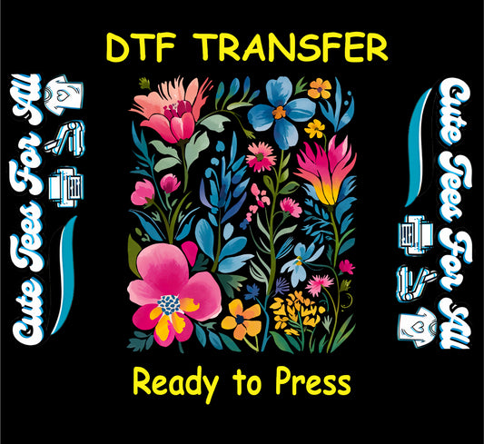 ready to press dtf featuring colorful wildflowers in pink, blue, yellow, and orange on a black background

