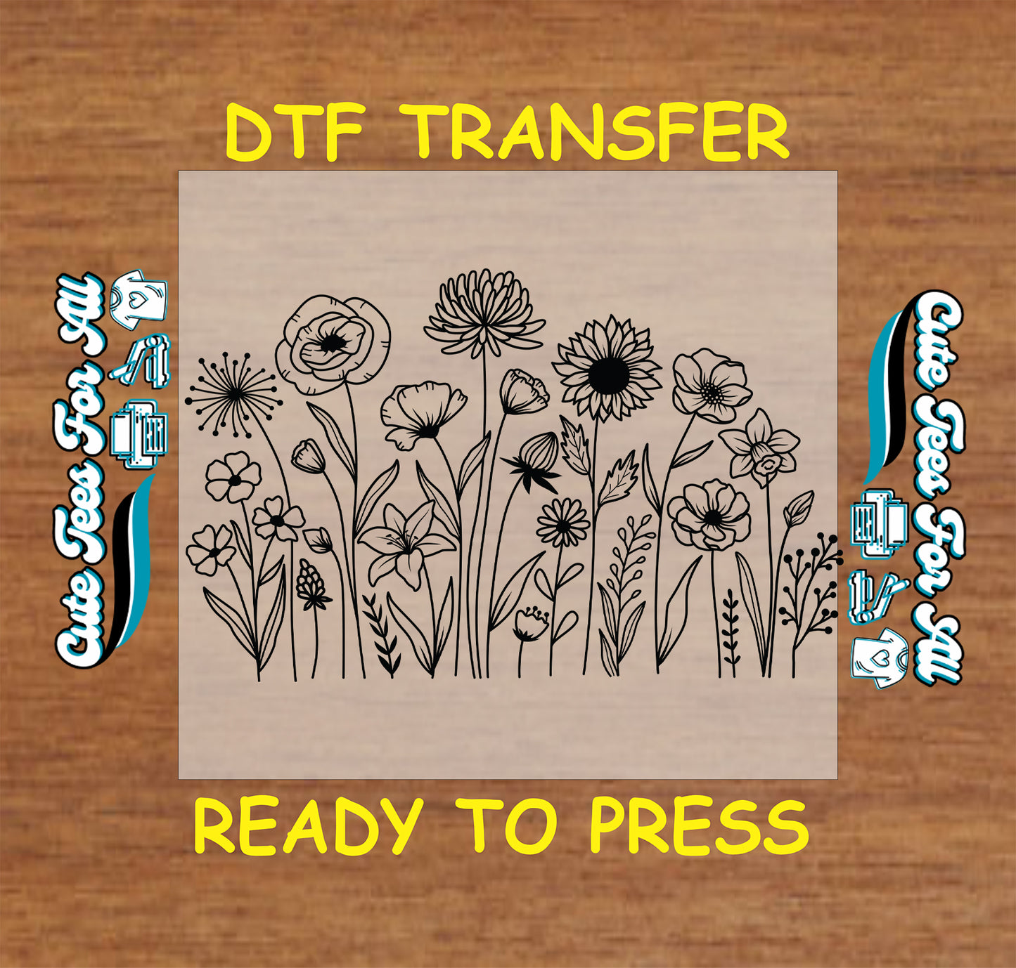 Wildflower outline ready to press dtf transfer featuring hand-drawn floral illustrations

