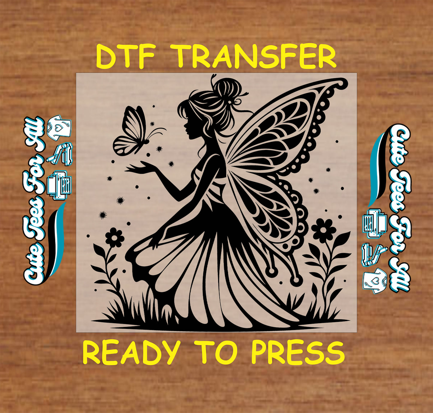 Fairy silhouette ready to press dtf transfer with butterfly and garden elements

