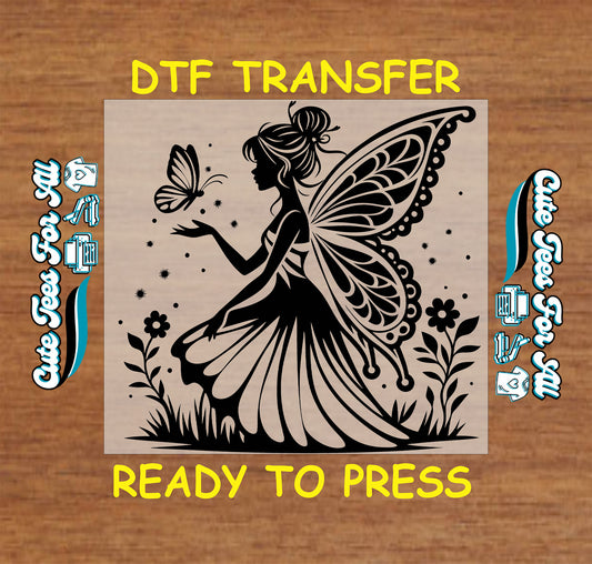 Fairy silhouette ready to press dtf transfer with butterfly and garden elements

