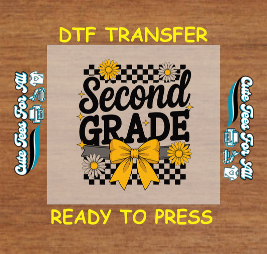ready to press dtf with second grade text, yellow bow, daisies, and black checkered background

