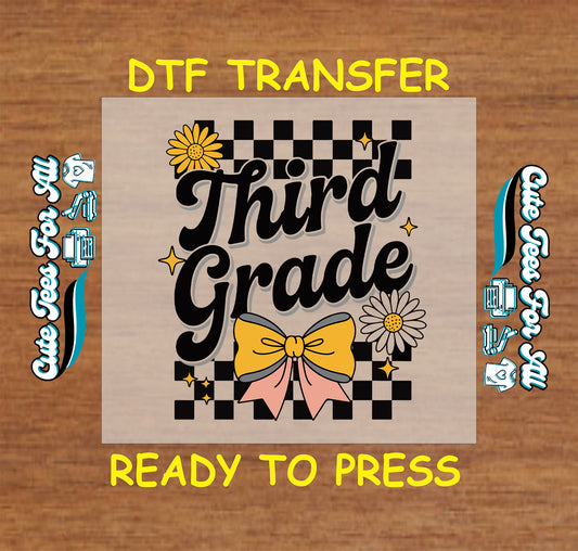 ready to press dtf with third grade text, yellow and coral bow, daisies, and checkered print

