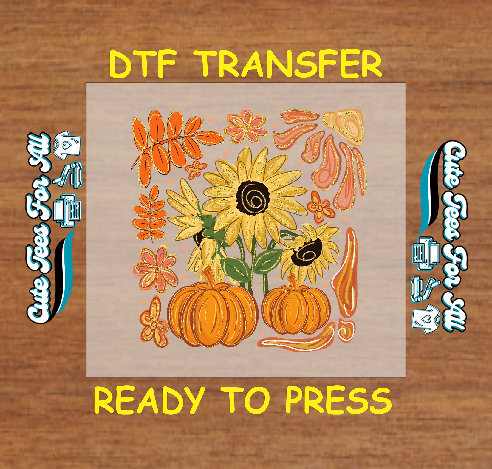 Sunflowers and pumpkins ready to press dtf transfer with fall leaves and floral accents

