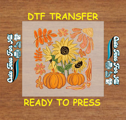 Sunflowers and pumpkins ready to press dtf transfer with fall leaves and floral accents

