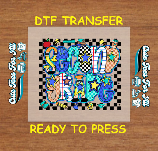 Second Grade ready to press dtf transfer with colorful letters, stars, school supplies, and checkered background

