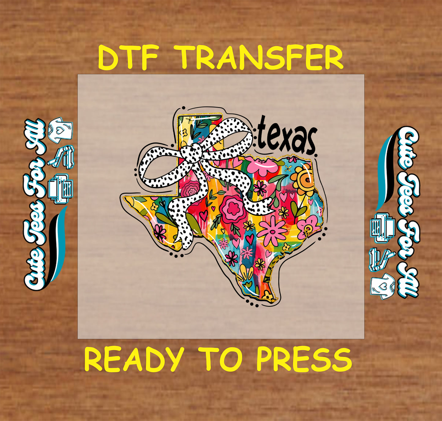 Texas state ready to press dtf transfer with colorful floral pattern and polka dot bow for DIY shirts

