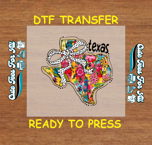 Texas state ready to press dtf transfer with colorful floral pattern and polka dot bow for DIY shirts

