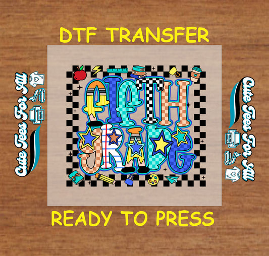 Colorful fifth grade ready to press dtf transfer with school icons and bold graphics for DIY shirts

