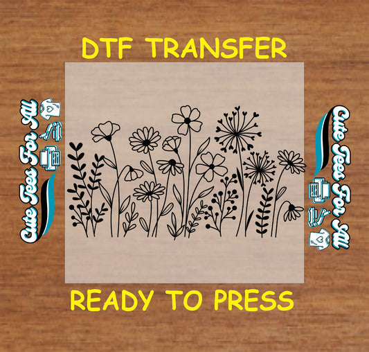 Wildflower silhouette ready to press dtf transfer with bold botanical line art for DIY shirts

