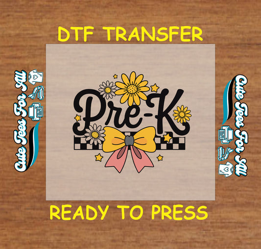 ready to press dtf with pre-k text, yellow and pink bow, checkered band, and daisy flowers

