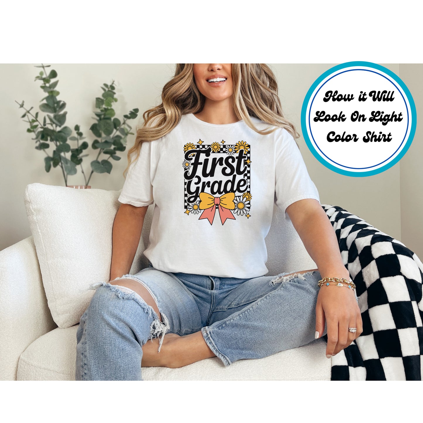 First Grade DTF Transfer DTF Transfer –  Back to School Checkered Bow Ready to Press Iron on Heat Transfer DIY Shirts 10944