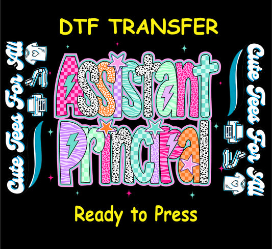Assistant Principal ready to press dtf transfer with colorful prints, stars, and lightning bolts

