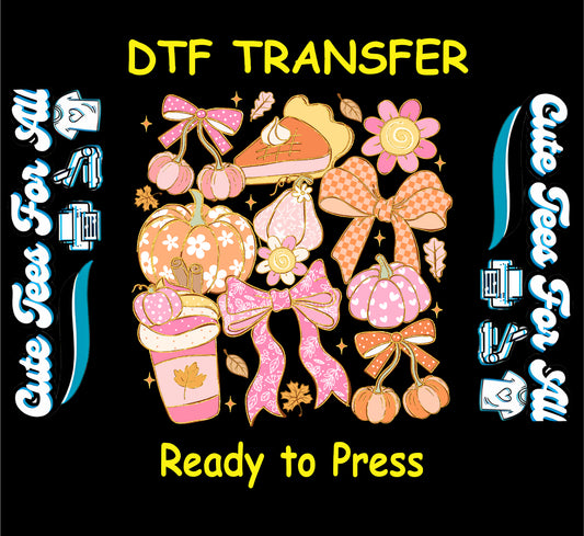 Fall-themed ready to press dtf transfer with bows, pumpkins, pie, flowers, and cinnamon drink

