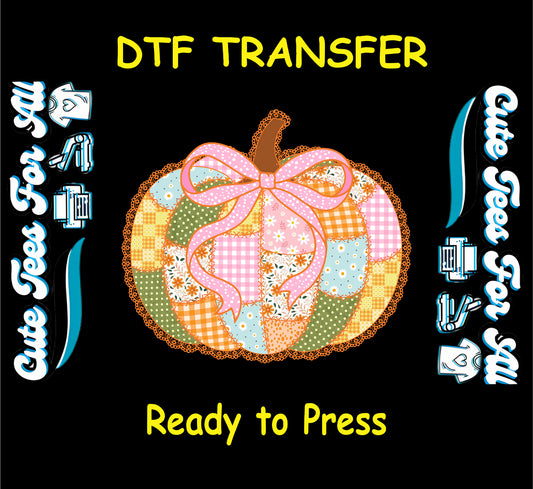Patchwork pumpkin ready to press dtf transfer with pink bow and lace border in pastel fall tones

