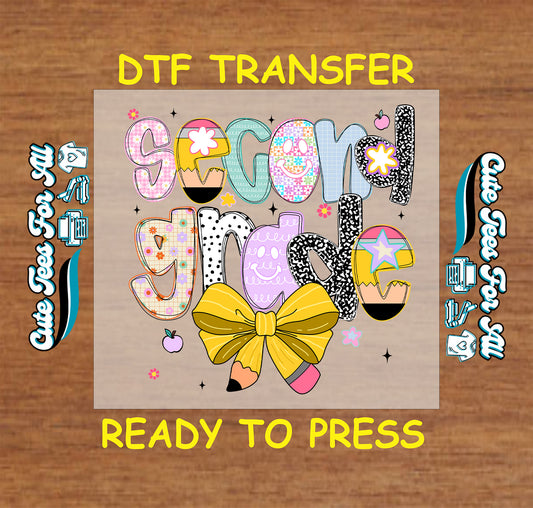 Second grade ready to press dtf transfer with colorful letters and pencil bow

