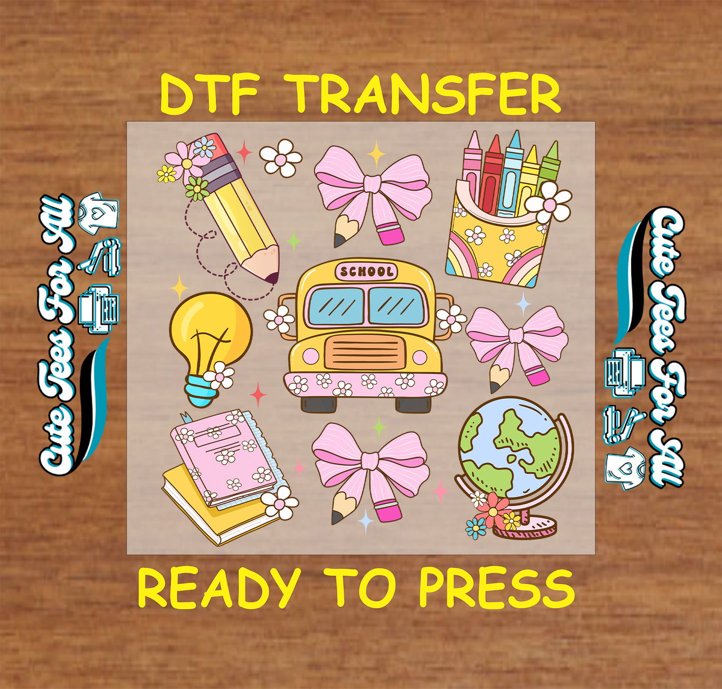 Pastel school theme with crayons, bus, books, bows ready to press dtf transfer

