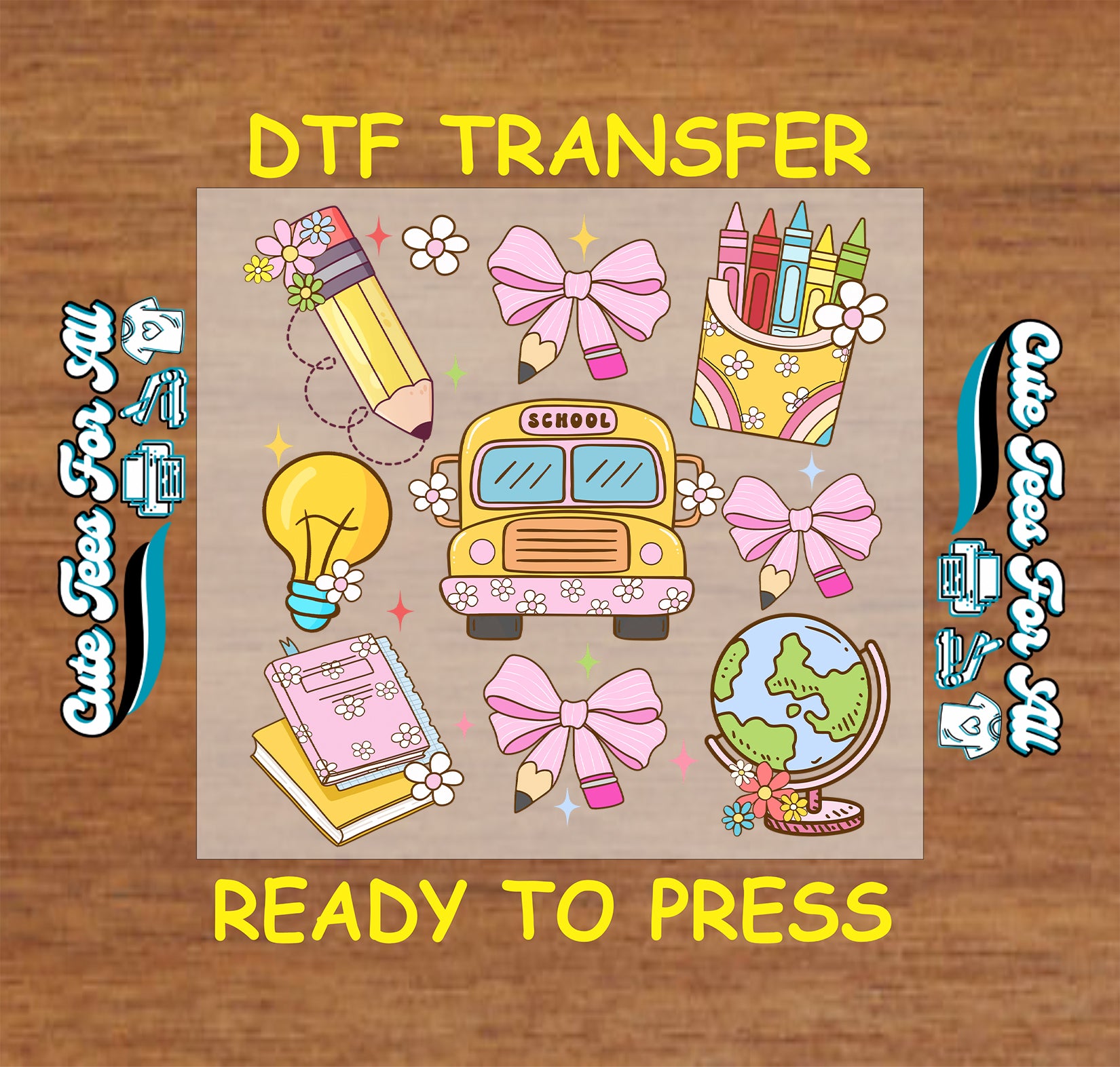 Pastel school theme with crayons, bus, books, bows ready to press dtf transfer

