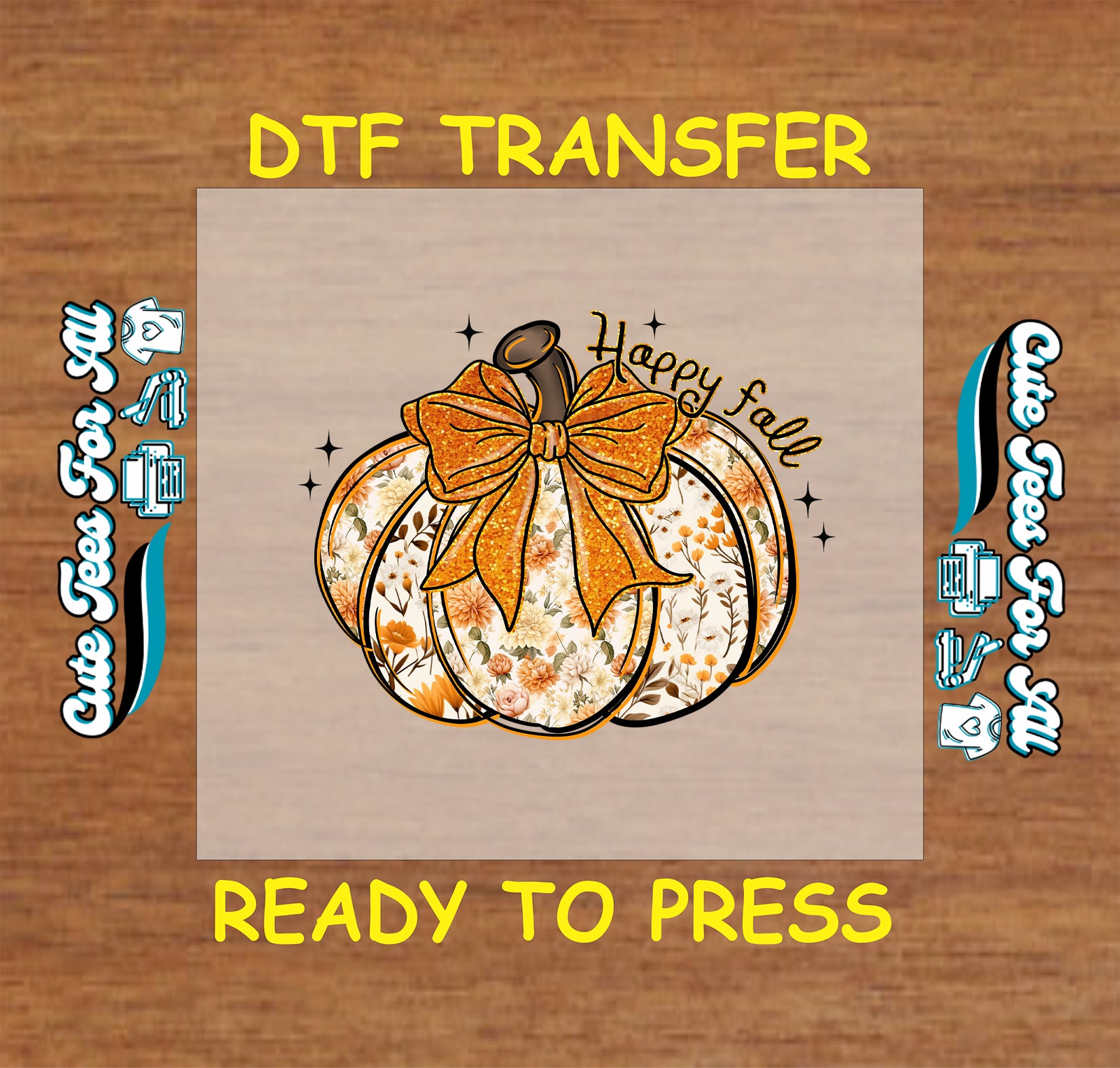 Floral pumpkin with gold bow and Happy Fall text ready to press dtf transfer for DIY shirts

