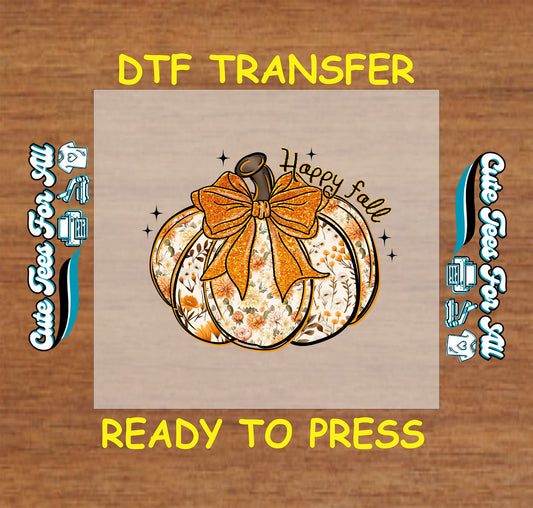 Floral pumpkin with gold bow and Happy Fall text ready to press dtf transfer for DIY shirts

