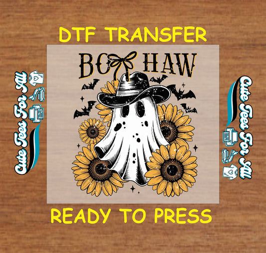 Ghost in cowboy hat with sunflowers and bats Boo Haw Halloween ready to press dtf transfer for DIY shirts


