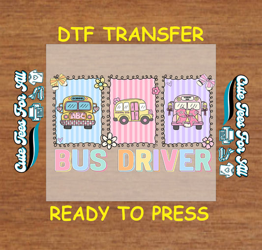Retro bus driver ready to press dtf transfer with pastel school buses and floral accents

