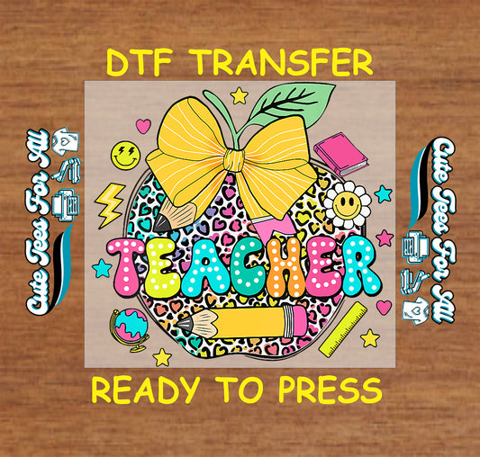 Colorful leopard apple teacher ready to press dtf transfer with yellow bow and school icons

