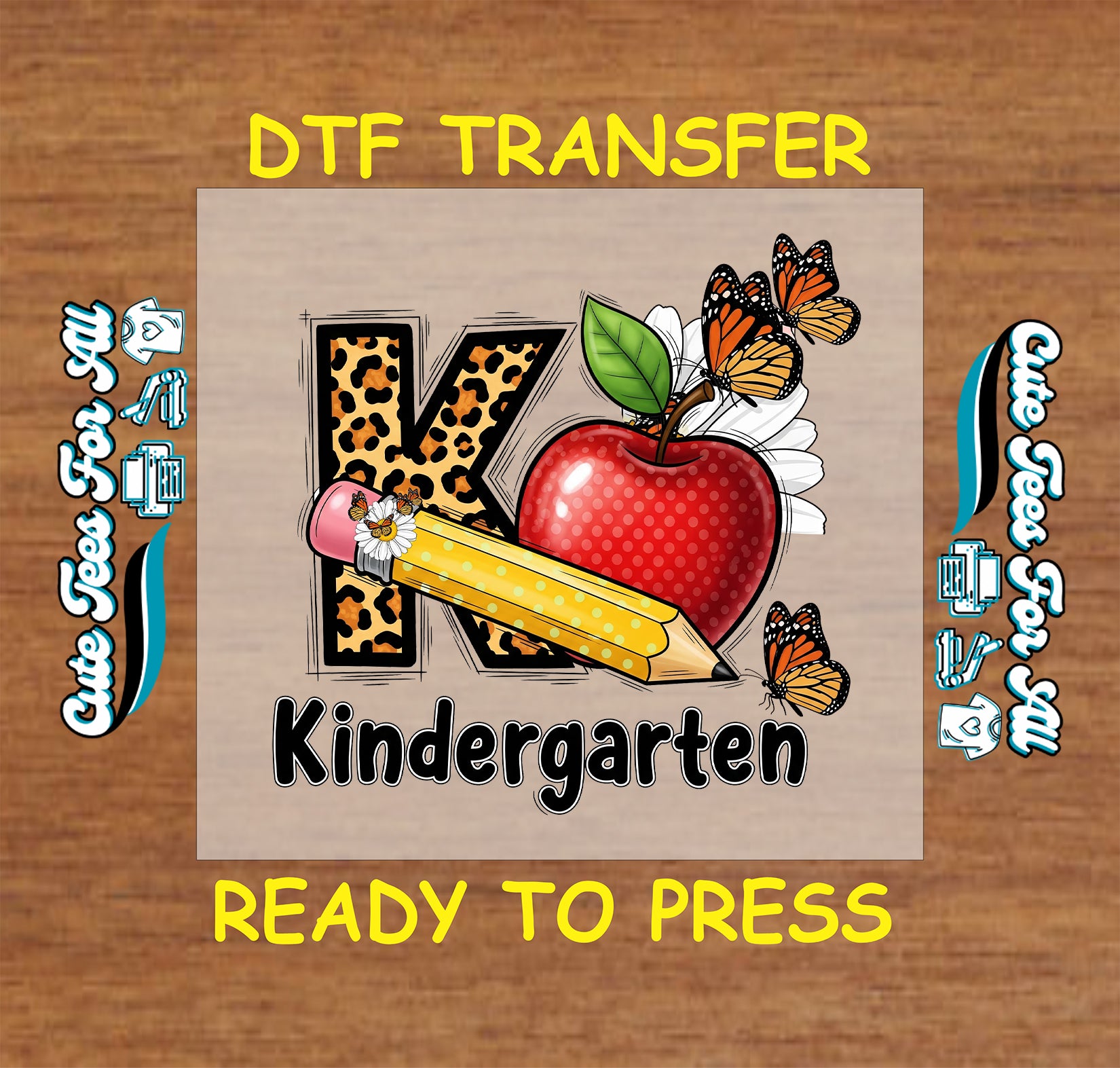 Kindergarten K with apple pencil butterfly and leopard print ready to press dtf transfer




