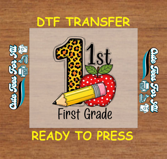 1st grade leopard number apple and pencil ready to press dtf transfer for back to school shirts

