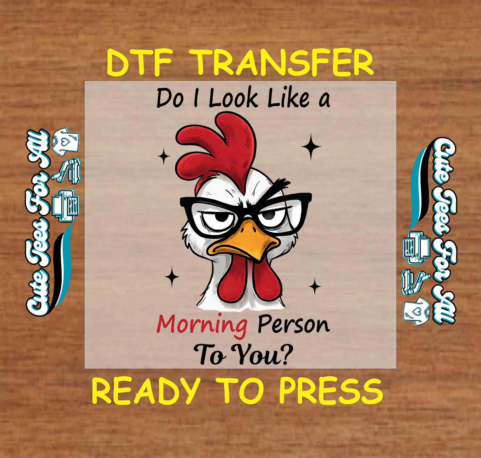 Funny grumpy chicken ready to press dtf transfer with morning quote and black glasses

