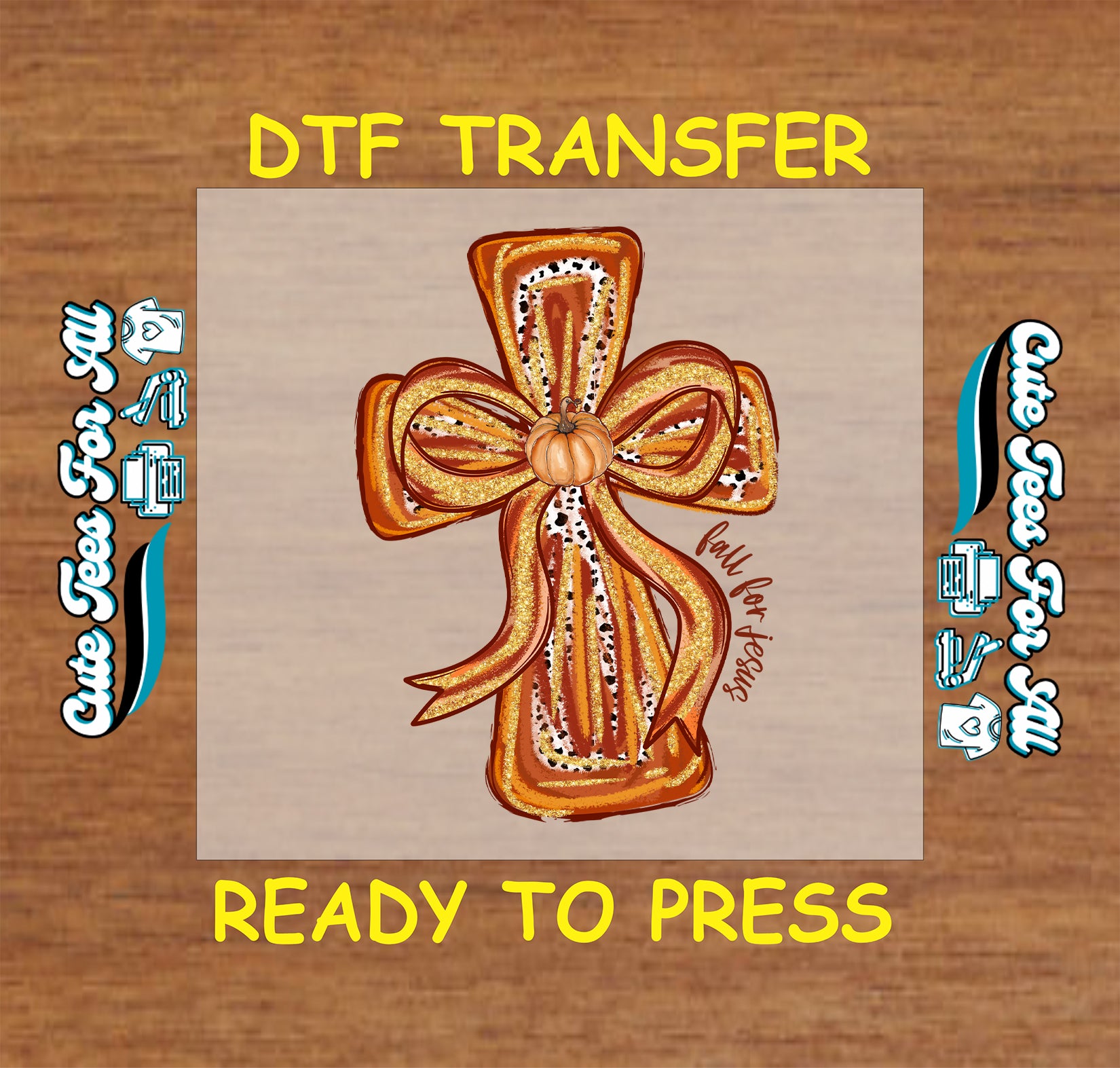 Fall themed pumpkin bow cross with “Fall for Jesus” text ready to press dtf transfer


