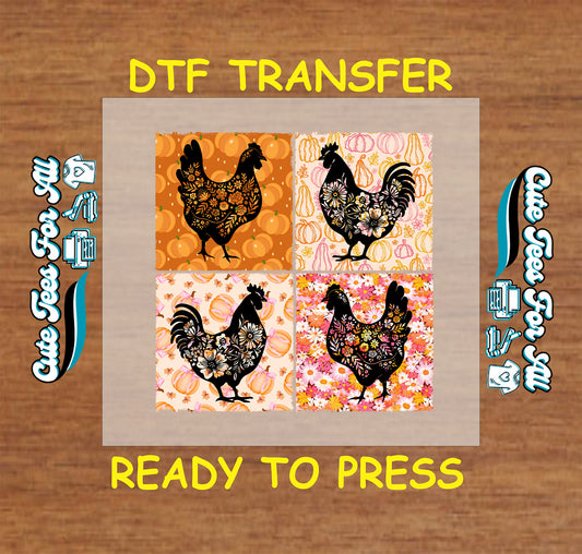 Four fall-themed floral chicken graphics with pumpkins and flowers ready to press dtf transfers

