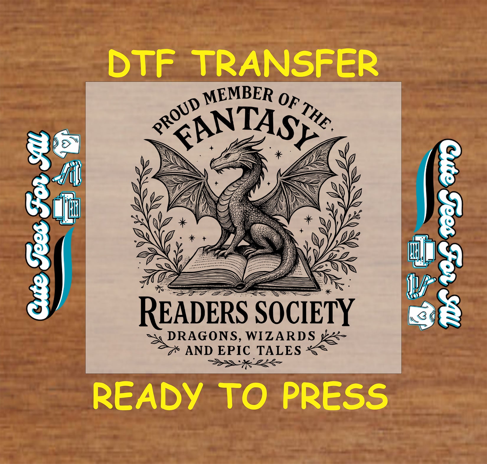 Fantasy Readers Society dragon on book with text ready to press dtf transfer for book lovers

