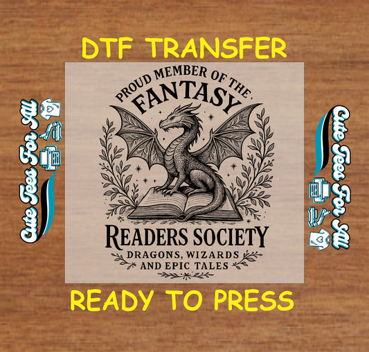 Fantasy Readers Society dragon on book with text ready to press dtf transfer for book lovers

