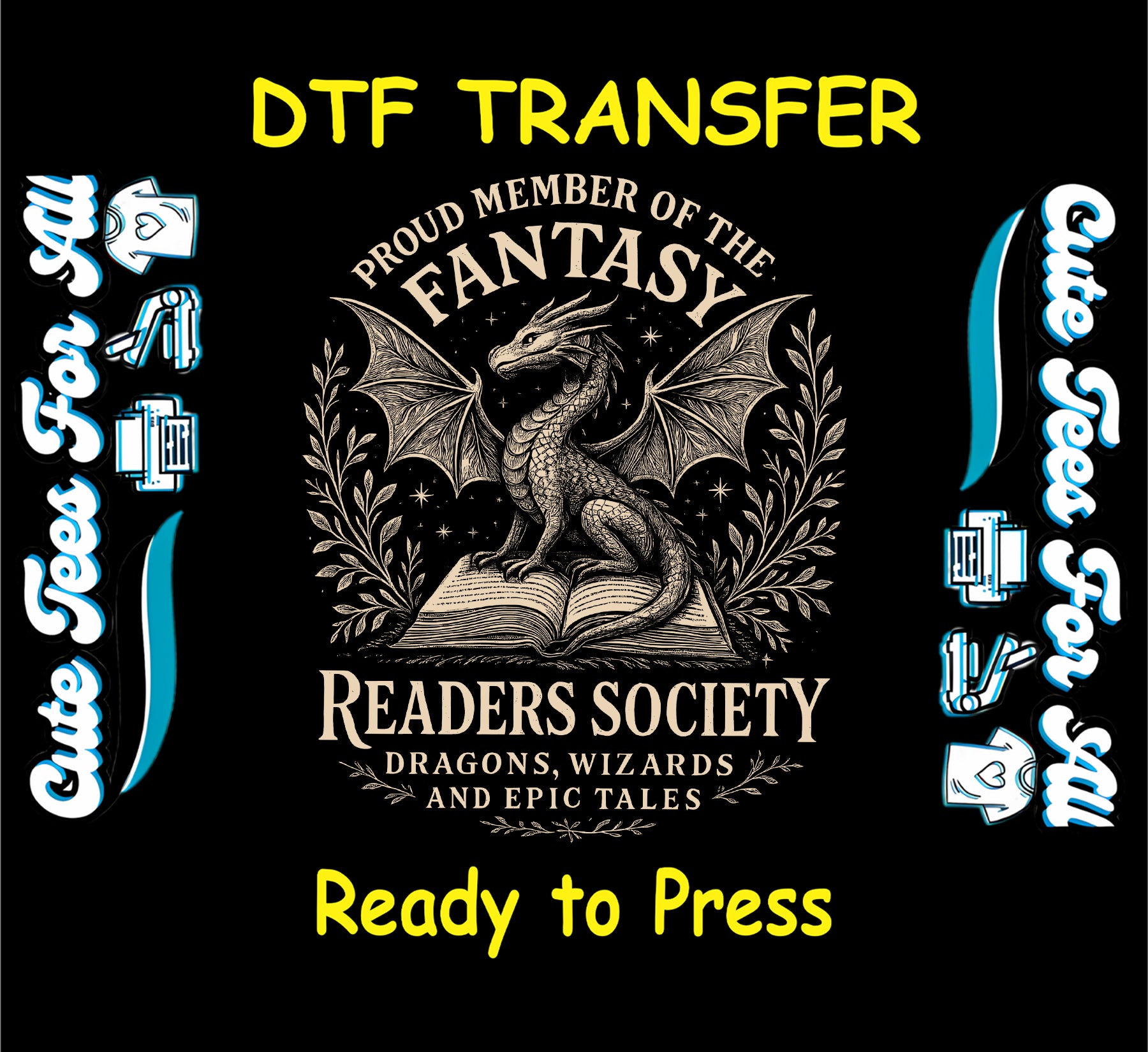 Fantasy ready to press dtf transfer with dragon sitting on book and vintage reader society text

