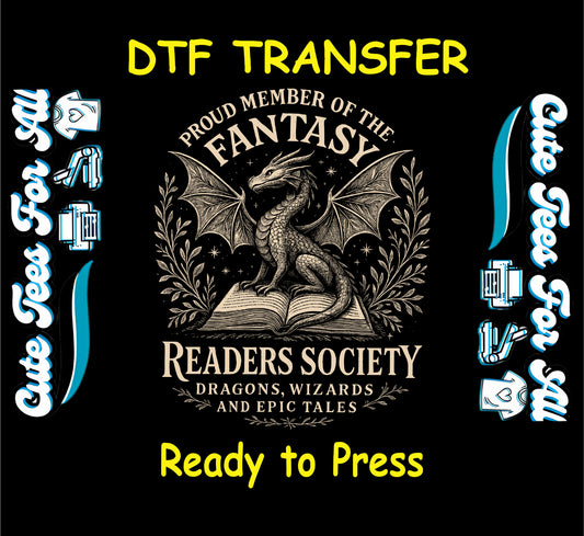 Fantasy ready to press dtf transfer with dragon sitting on book and vintage reader society text

