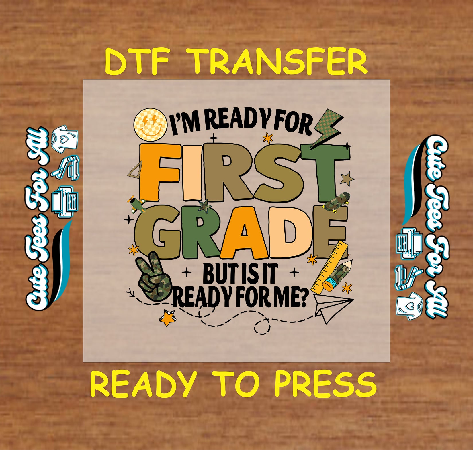 First Grade dtf transfer with bold letters, peace sign, and school icons ready to press

